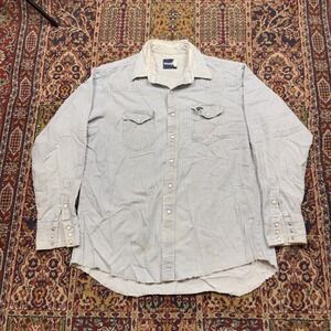 VTG 90s Wrangler Hickory Pin Stripe Denim Brush Popper Pearl Snap Shirt XL USA
